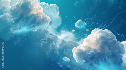 Fluffy, stylized clouds morphing into servers and network diagrams, a playful take on cloud computing