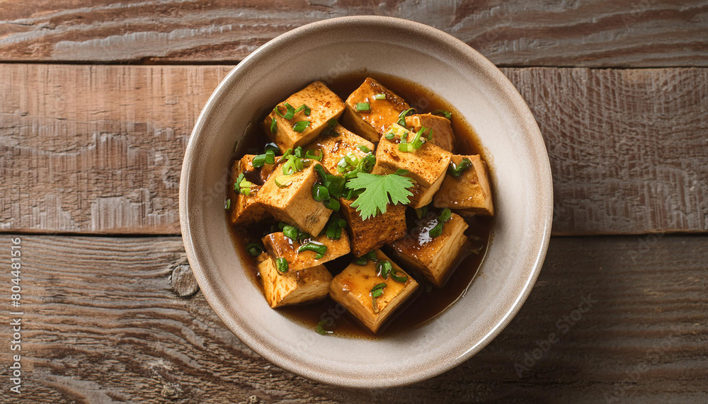 Miso braised tofu over wooden table. Tasty meal. Delicious food for dinner. Culinary concept. Miso braised tofu over wooden table. Tasty meal. Delicious food for dinner. Culinary concept.