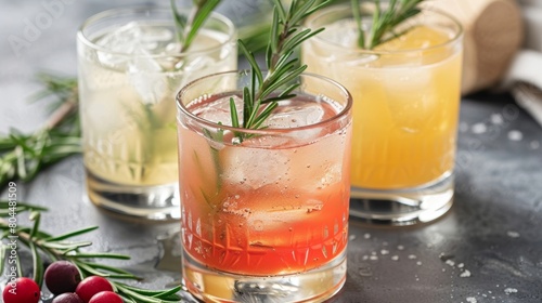 A mocktail flight consisting of three small glasses of different mocktails is presented with a garnish of rosemary.