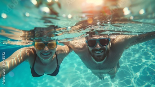 Portrait of lovely couple swimming in water in pool photo