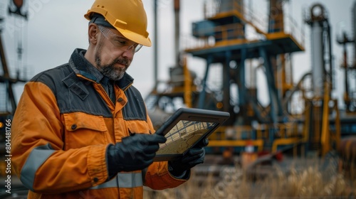 Engineer examining geological maps on a digital tablet in an oil field