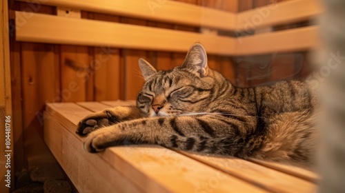 The peaceful presence of a sleeping cat inside a sauna showcasing how the warmth can benefit both humans and pets..