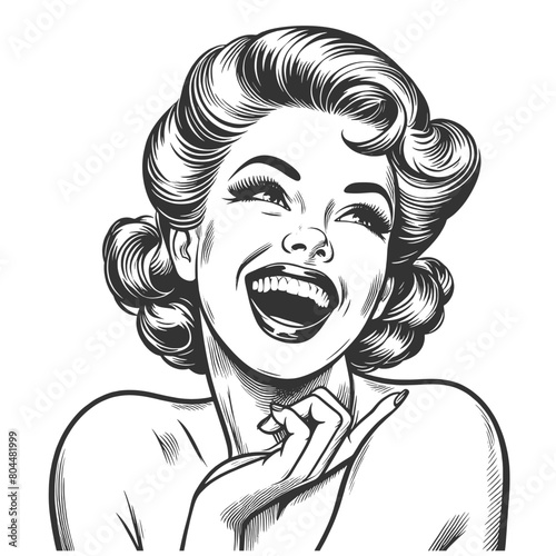 woman laughing heartily, her head thrown back in a moment of pure joy and infectious mirth sketch engraving generative ai fictional character vector illustration. Black and white image.