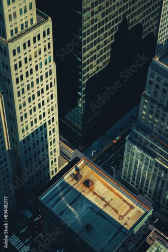 Modern cityscape with geometric skyscrapers casting long shadows  aerial perspective emphasizing patterns