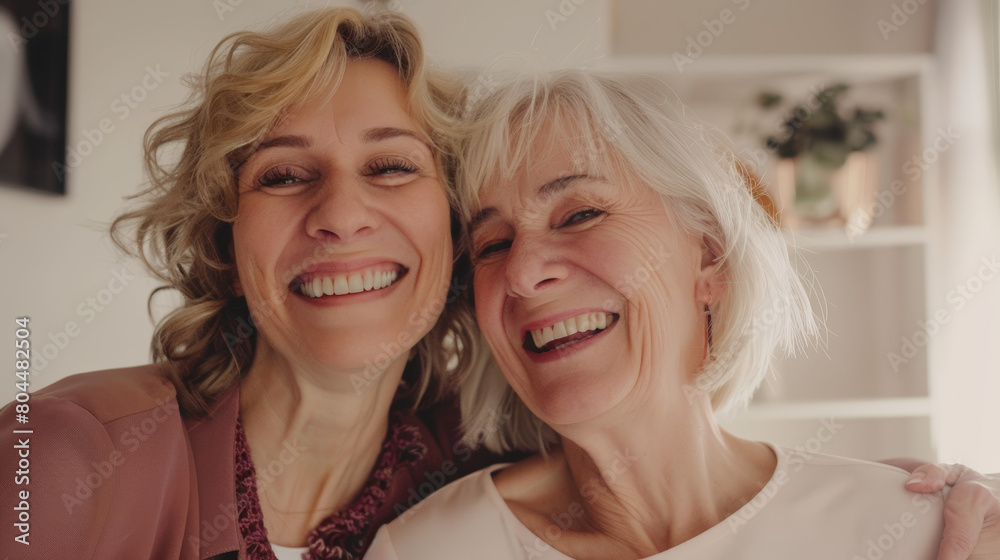 happy elderly woman with younger daughter happy elderly woman with younger daughter