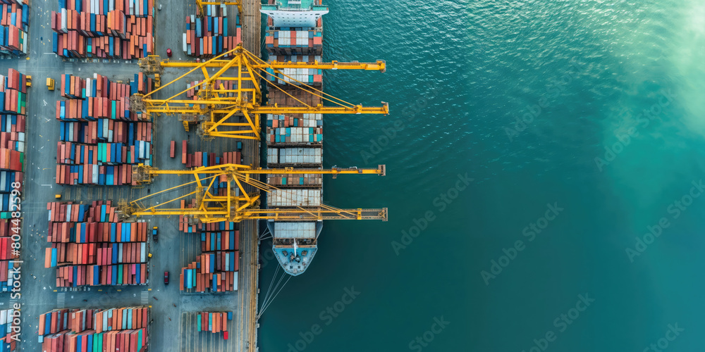 Aerial view of a busy container port where ships are loaded under massive cranes