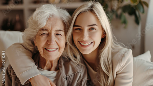 happy elderly woman with younger daughter