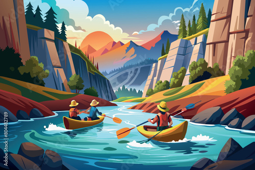 Canoers paddle through a serene river landscape as the sun sets behind mountains