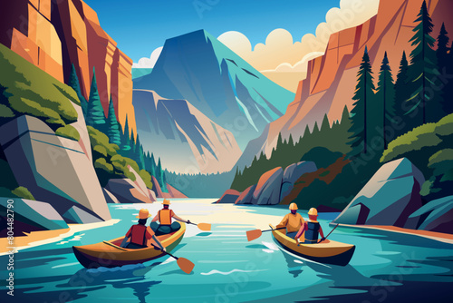 Two people canoeing in a calm river surrounded by mountains and forests