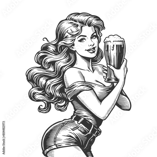 attractive pin-up style women with beer glass mug evoking classic Americana vibes sketch engraving generative ai fictional character vector illustration. Scratch board imitation. Black and white image