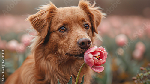 Adorable dog holding pink tulip, spring gentleness charm; pet shows affection through soft flower