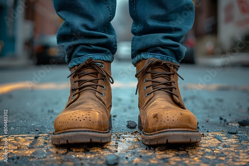 Close-up of a person wearing leather shoes and old jeans walking alone on the sidewalk. Suitable for the concept of unemployment, going on adventures, independence, Finding myself, seeking experience. © Chanawat