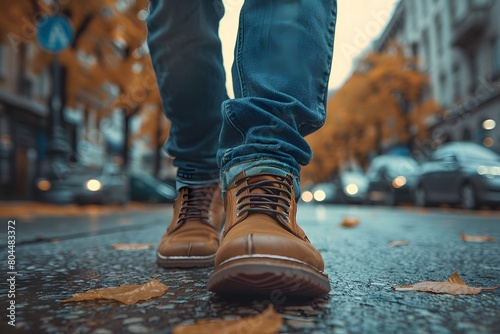 Close-up of a person wearing leather shoes and old jeans walking alone on the sidewalk. Suitable for the concept of unemployment, going on adventures, independence, Finding myself, seeking experience.