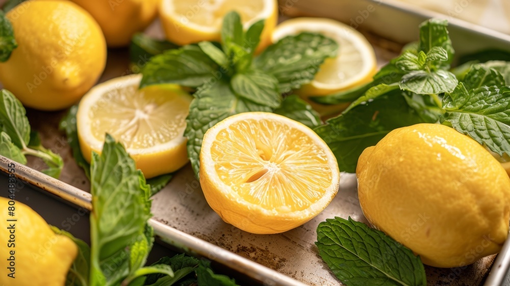 Slivers of lemon and sprigs of mint on a tray ready to be added to the tea enhancing the flavor and adding a refreshing touch.