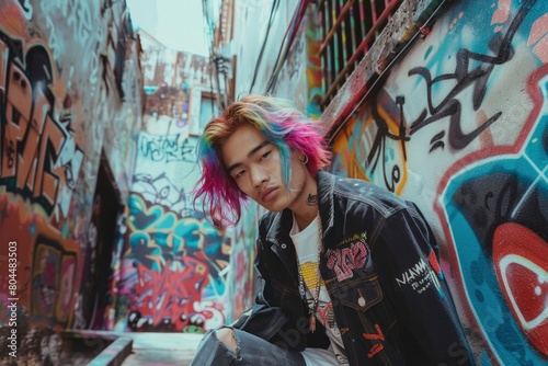 Stylish Young Man with Colorful Hair in Urban Graffiti Backdrop © NS