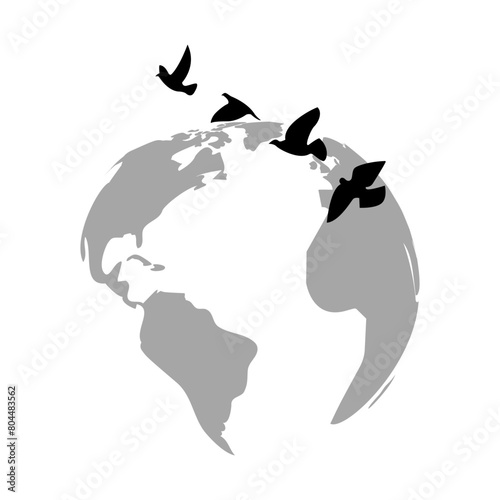 Vector illustration of flock of birds with world map on transparent background 