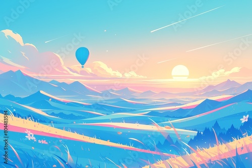 hot air balloons flying over colorful mountains. 