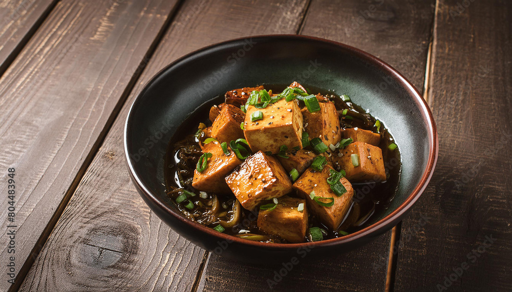 Miso braised tofu over wooden table. Tasty meal. Delicious food for dinner. Culinary concept. Miso braised tofu over wooden table. Tasty meal. Delicious food for dinner. Culinary concept.