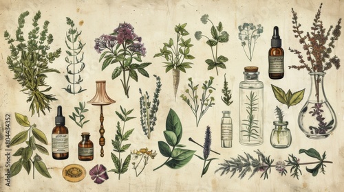 Vintage botanical illustration style top-view of a spa collection: detailed drawings of herbs, apothecary bottles, and a sense of scientific wonder photo