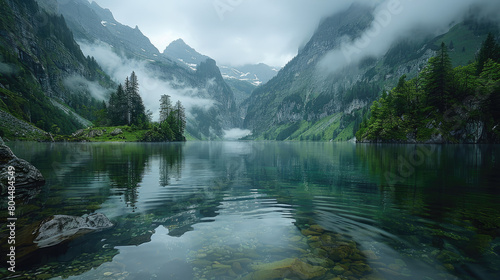 A lake in the mountains, misty morning, reflections of green forest and cloudy sky, switzerland. Created with Ai