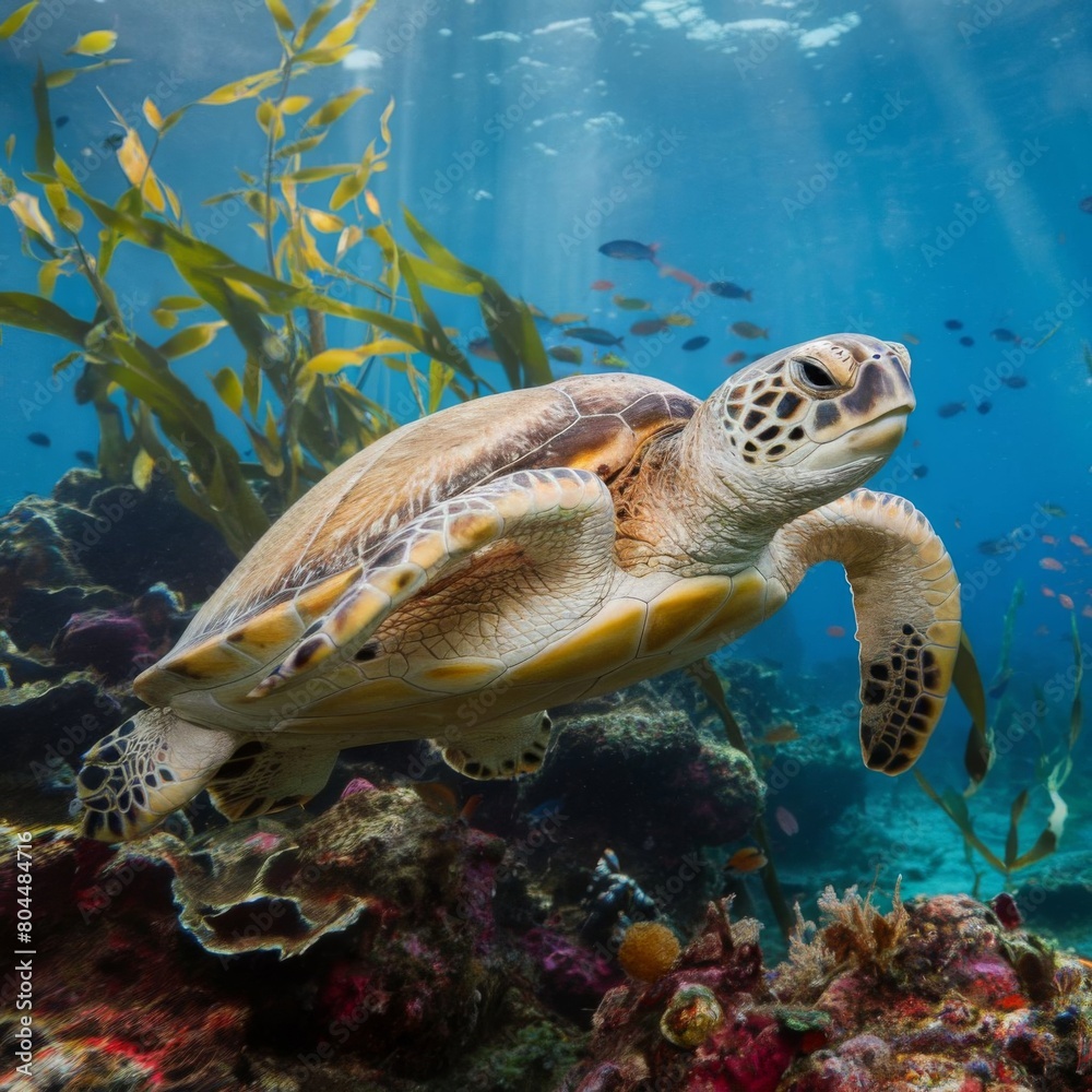 Fototapeta premium Sea turtle swimming. Marine life.