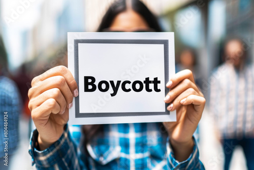 Woman holding card with the inscription "Boycott"