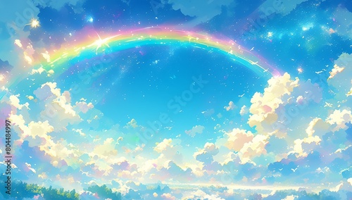 Rainbow sky  white clouds and green trees in the background of colorful stars  rainbow colors