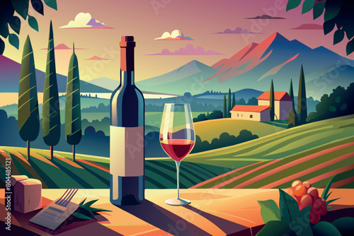 Wine glass and bottle on a table overlooking a Tuscan landscape at dusk