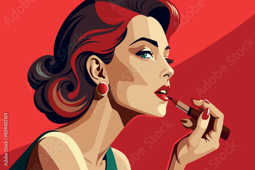 A retro-styled woman in red applying lipstick