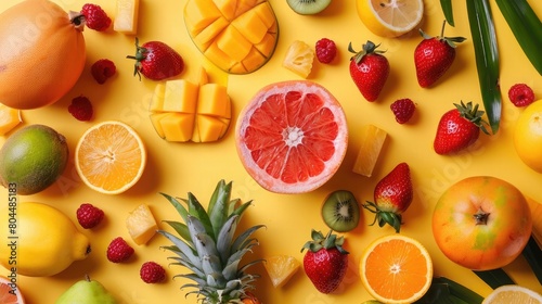 Colorful tropical fruits on a vibrant yellow surface
