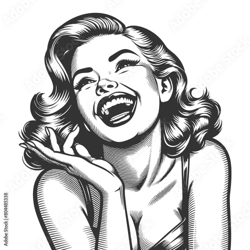 woman laughing heartily, her head thrown back in a moment of pure joy and infectious mirth sketch engraving generative ai fictional character vector illustration. Black and white image.