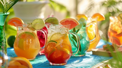 A table lined with pitchers of colorful mocktails featuring tropical fruits and citrus garnishes in festive glasses.