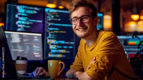 Smiling Programmer at His Desk