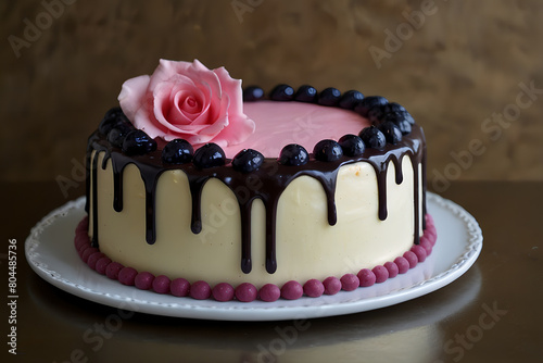 Delicious white cake decorated with red berries, roses and melted chocolate