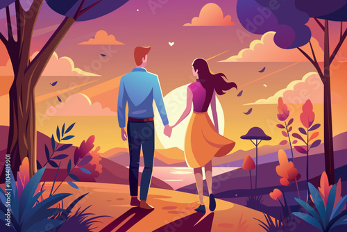A couple strolls hand in hand on a path amidst a vivid sunset