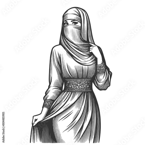 woman in traditional burqa niqab attire, reflecting cultural clothing styles sketch engraving generative ai fictional character vector illustration. Scratch board imitation. Black and white image.