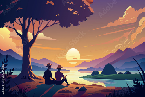A tranquil scene of two figures sitting by a lake at sunset