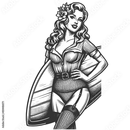 Hawaii flower pin-up girl woman with a surfboard, classic beach vibes allure of surfing culture sketch engraving generative ai fictional character vector illustration. Black and white image.