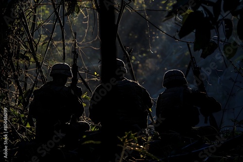 Guerrilla Fighters Stealth Striking Enemy Supply Lines Under Cover of Darkness in Jungle Warfare photo