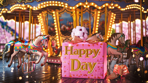 Happy Mother's Day on a carnival carousel background with a cotton candy pink gift box. Shiny text word colors.