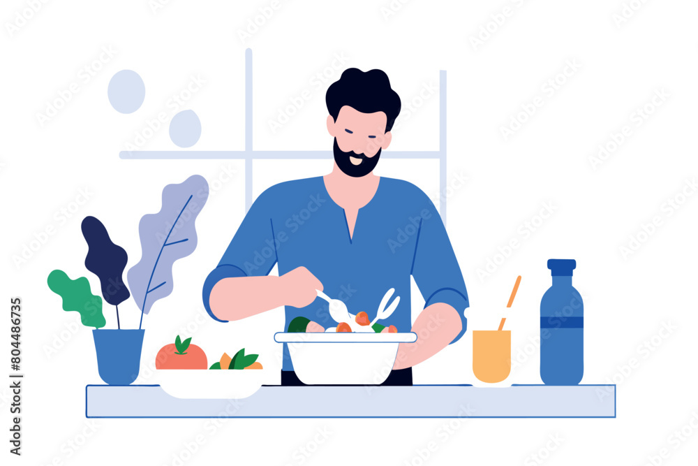 Bearded man in blue shirt mixes salad in a white bowl Bearded man in blue shirt mixes salad in a white bowl