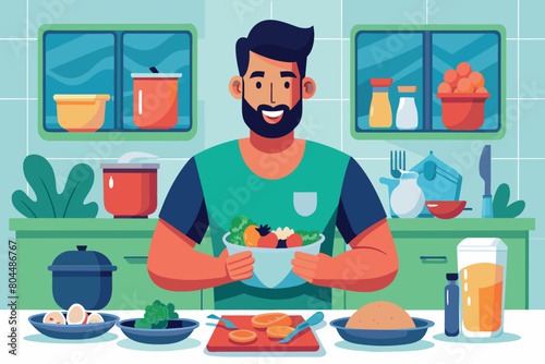 A cheerful man eats a healthy salad in a well-equipped kitchen