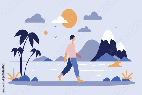 A serene stroll by the sea with mountains under a warm sunset