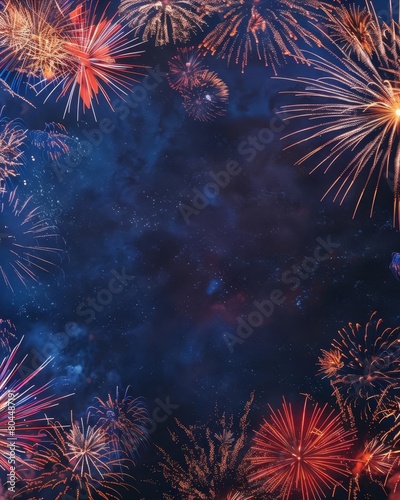 Border of firework explosions in patriotic colors, night sky background, large copy space in the center