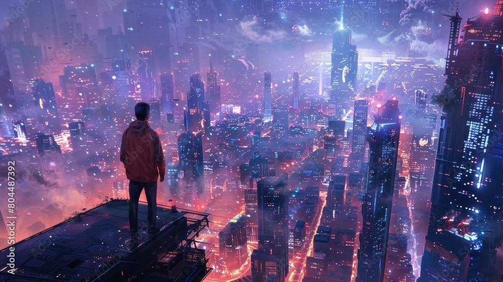 A young man stands on a rooftop overlooking a futuristic city A young man stands on a rooftop overlooking a futuristic city