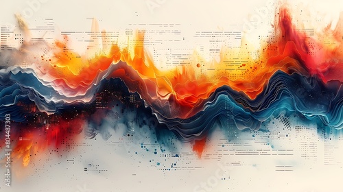 Depict an abstract financial seascape where waves of different colors represent various financial instruments, each crashing into and blending into detailed financial charts.
