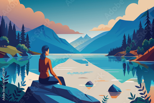 A person sits by a tranquil lake surrounded by mountains © GMZ