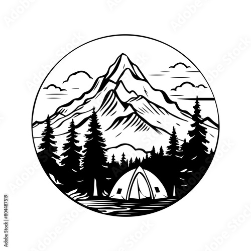 A tent is set up in the woods with a mountain in the background