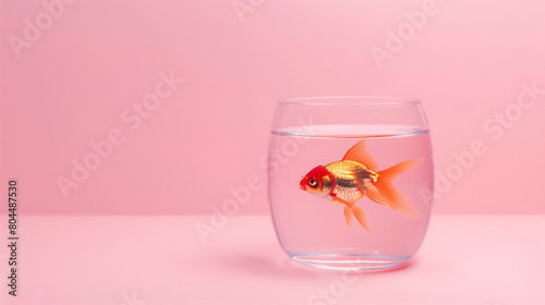 A straightforward, minimalist shot of a single goldfish in a clear jar, viewed at eye level. The background is a soft pastel pink, providing a calm and clean aesthetic. Lighting is diffused, with no h