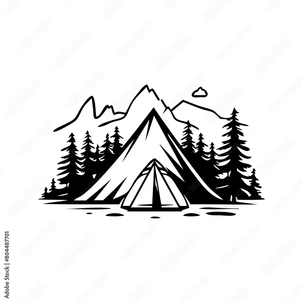 A tent is set up in the woods with a mountain in the background